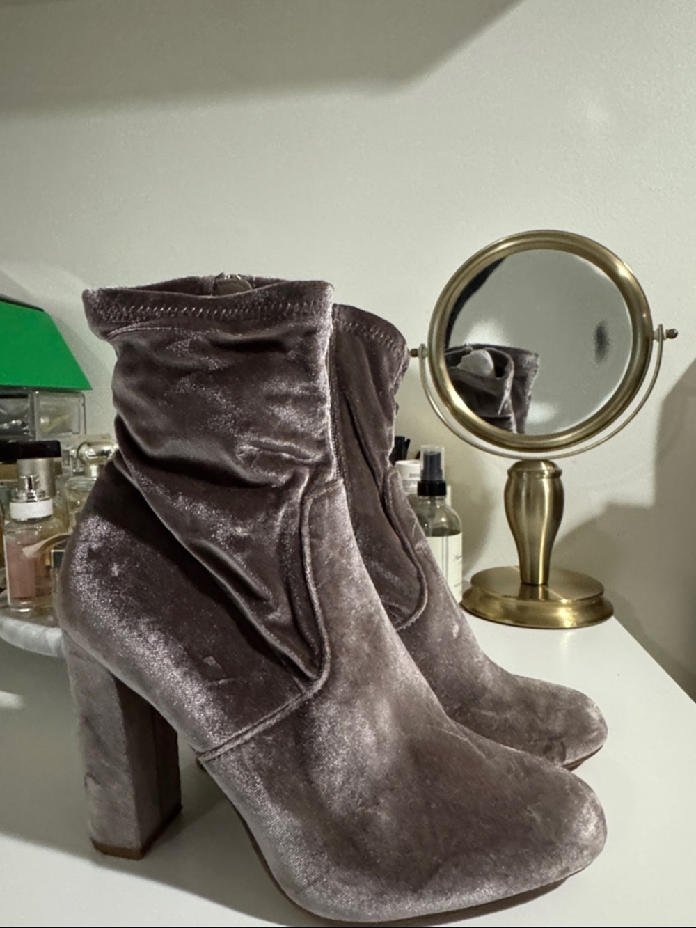 Plush Velvet Slouch Ankle Boots in Taupe